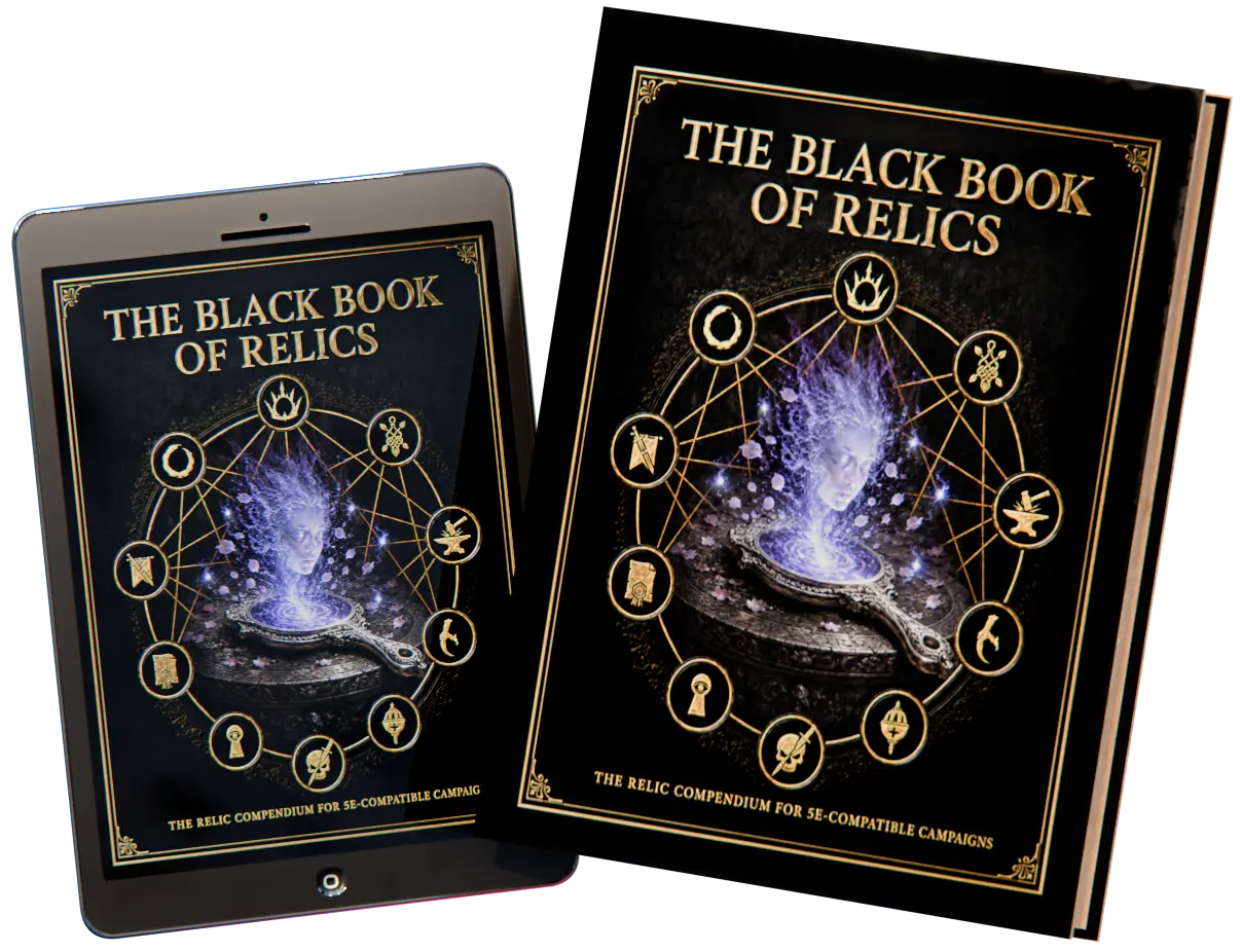 The Black Book of Relics digital edition displayed on a tablet