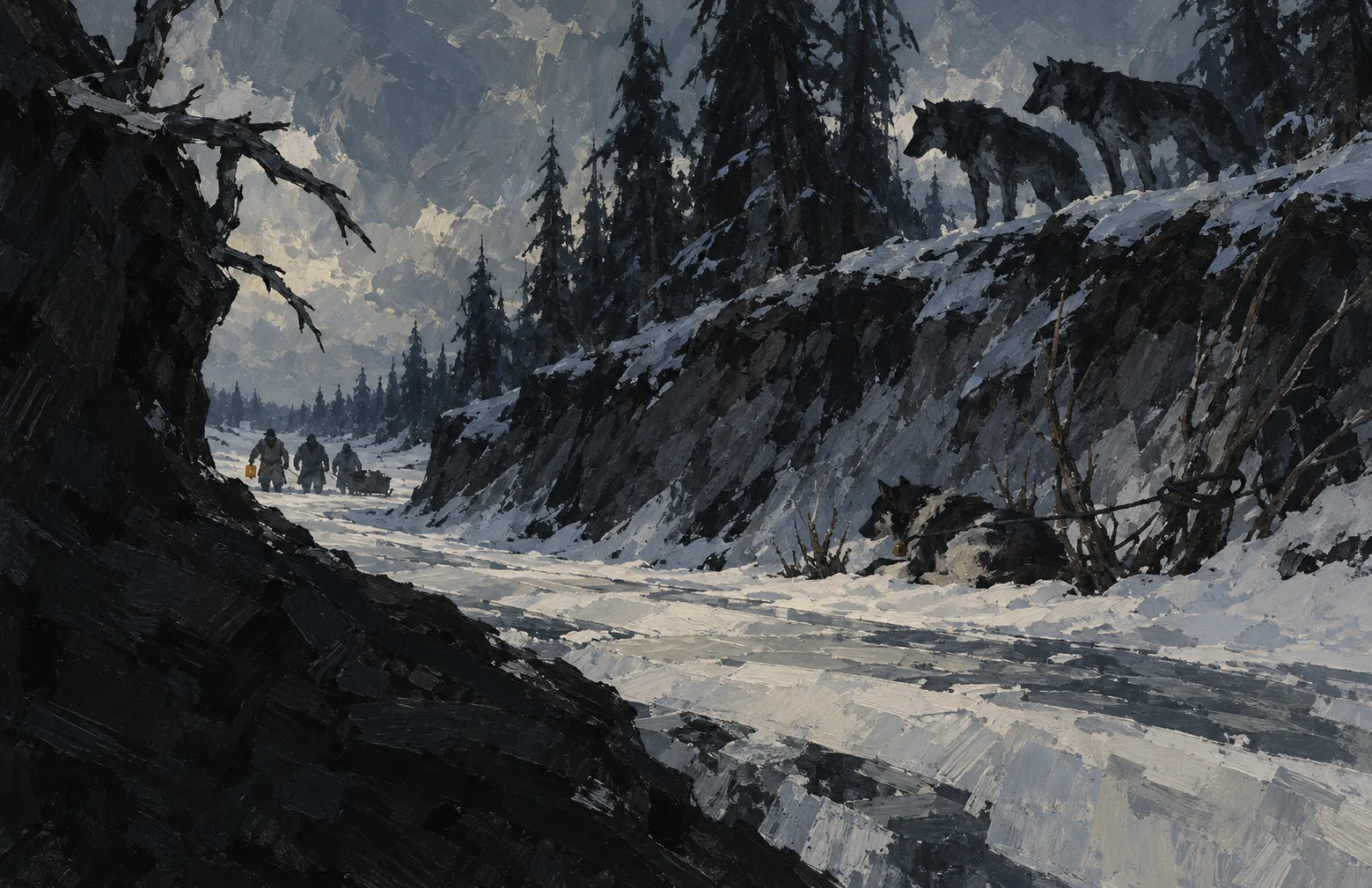 A frozen creek bend below a dark cut bank, with wolves along the ridge and a small crew far off in the snow.