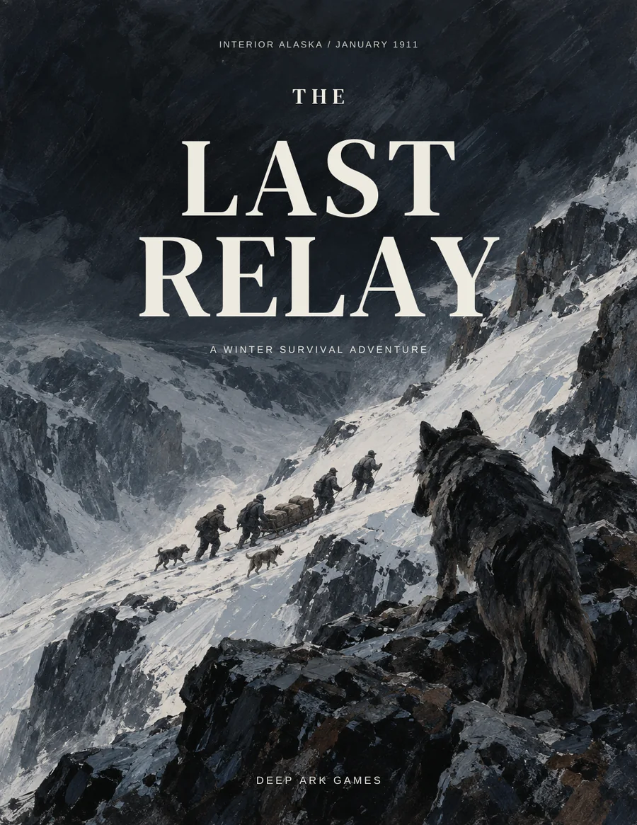 The front cover of The Last Relay: a small sled party climbs a snowy slope while wolves watch from the rocks.