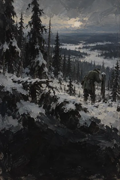 Johan Halvorsen, the line walker, standing in the winter forest.