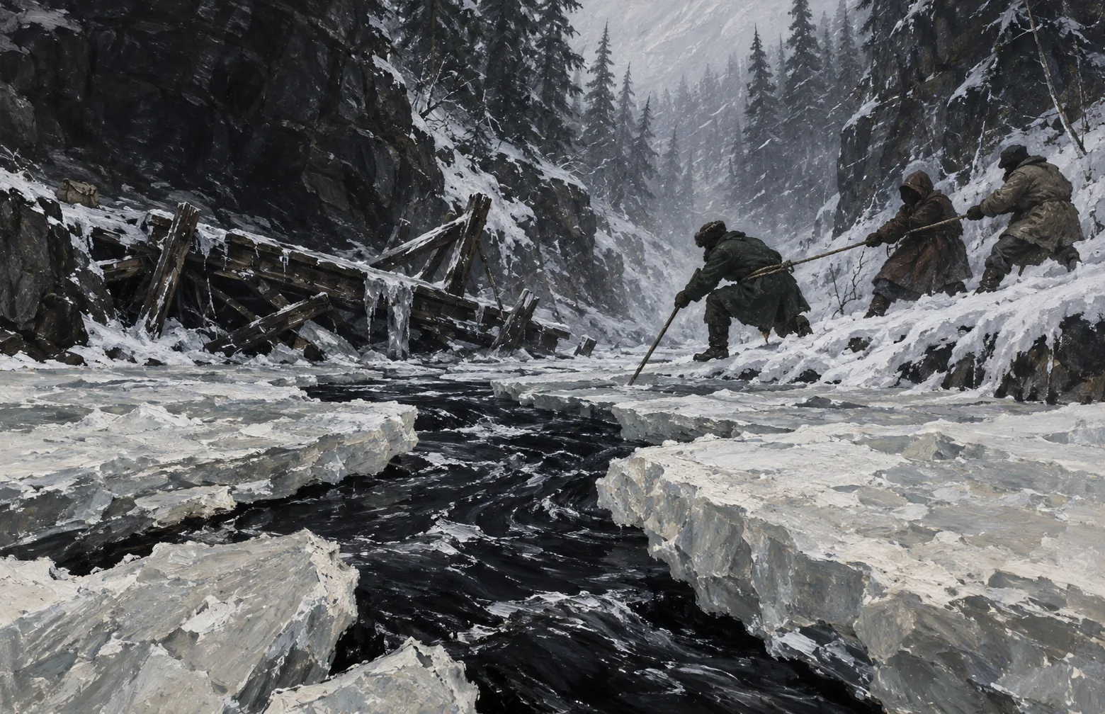 Three bundled workers test broken ice beside a collapsed timber footbridge in a steep winter gorge.
