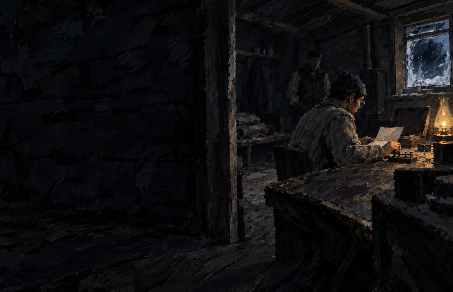 An operator at a telegraph key by lamplight in a small dark office, snow at the window.