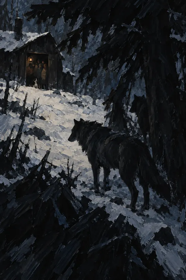A wolf at the tree line below a lit cabin doorway at night.